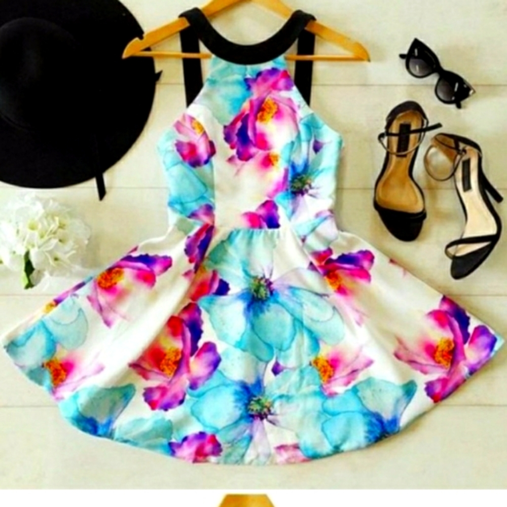 Zanzea Watercolor Floral High Neck Skater Dress